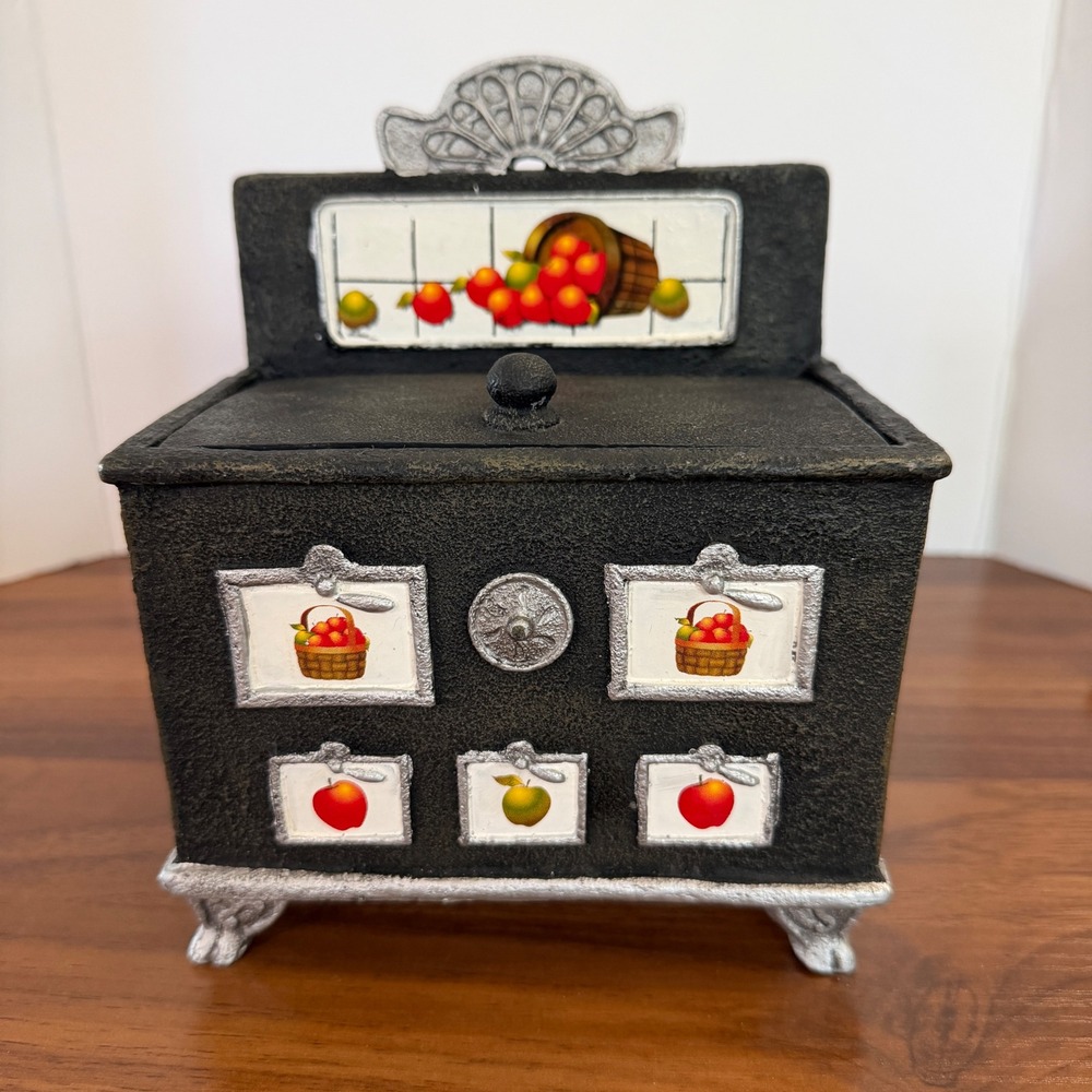 Faux Cast Iron Stove Trinket Recipe Box Black Resin Apple Decor Keepsake Chest